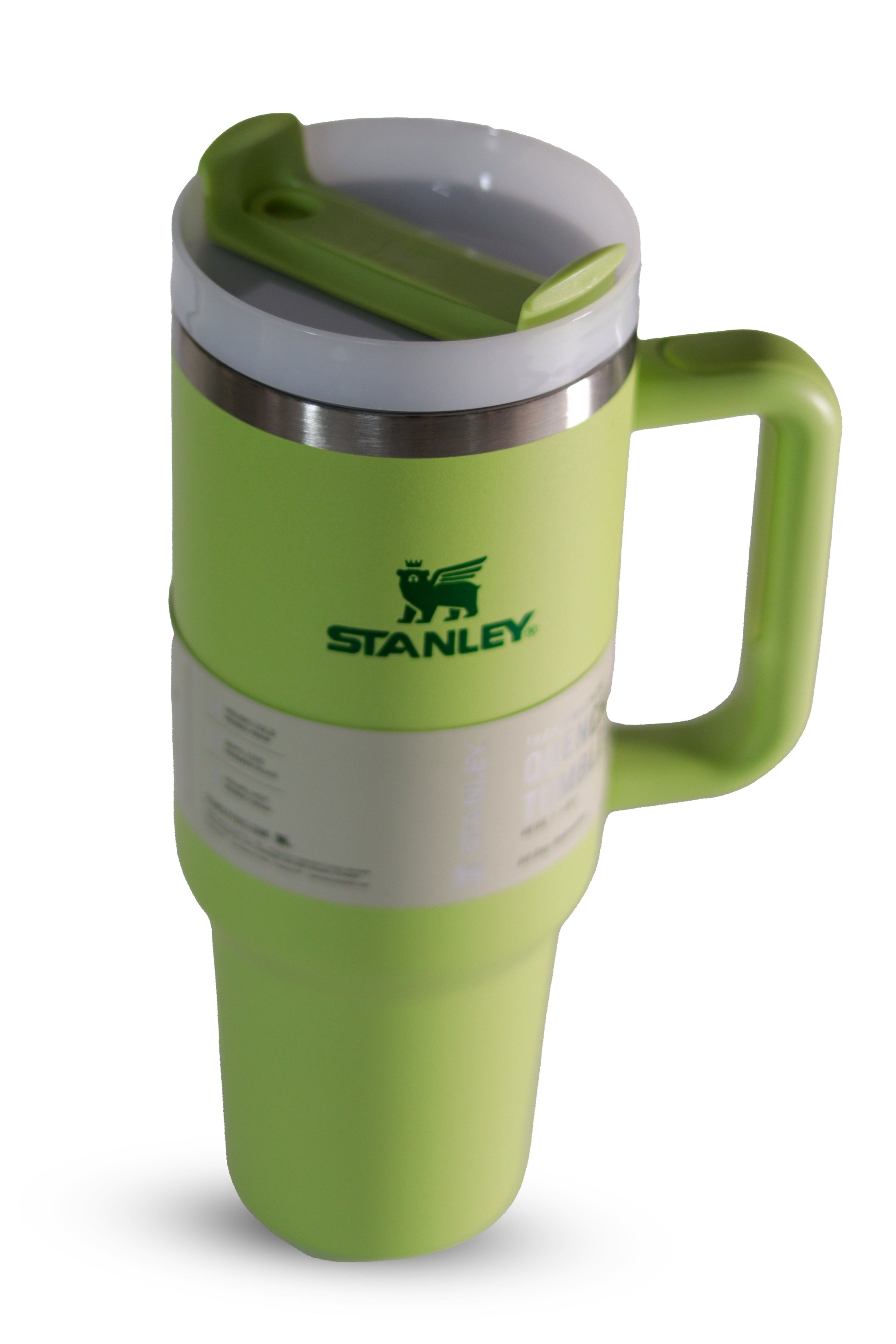 "Stanley green stainless steel tumbler with lid - vacuum insulated and leak-proof"