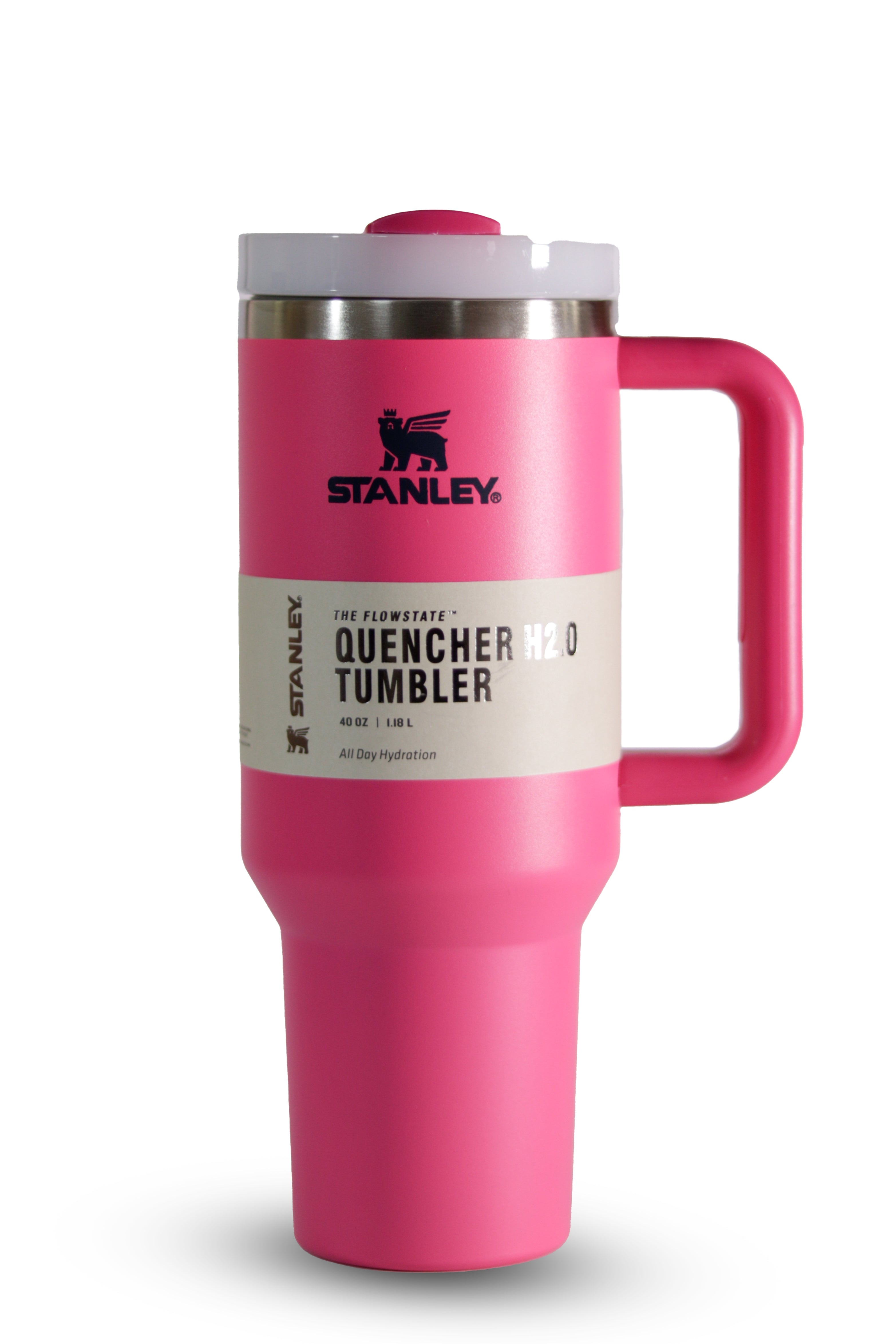 "Stanley pink thermos-style tumbler - stainless steel with advanced insulation"
