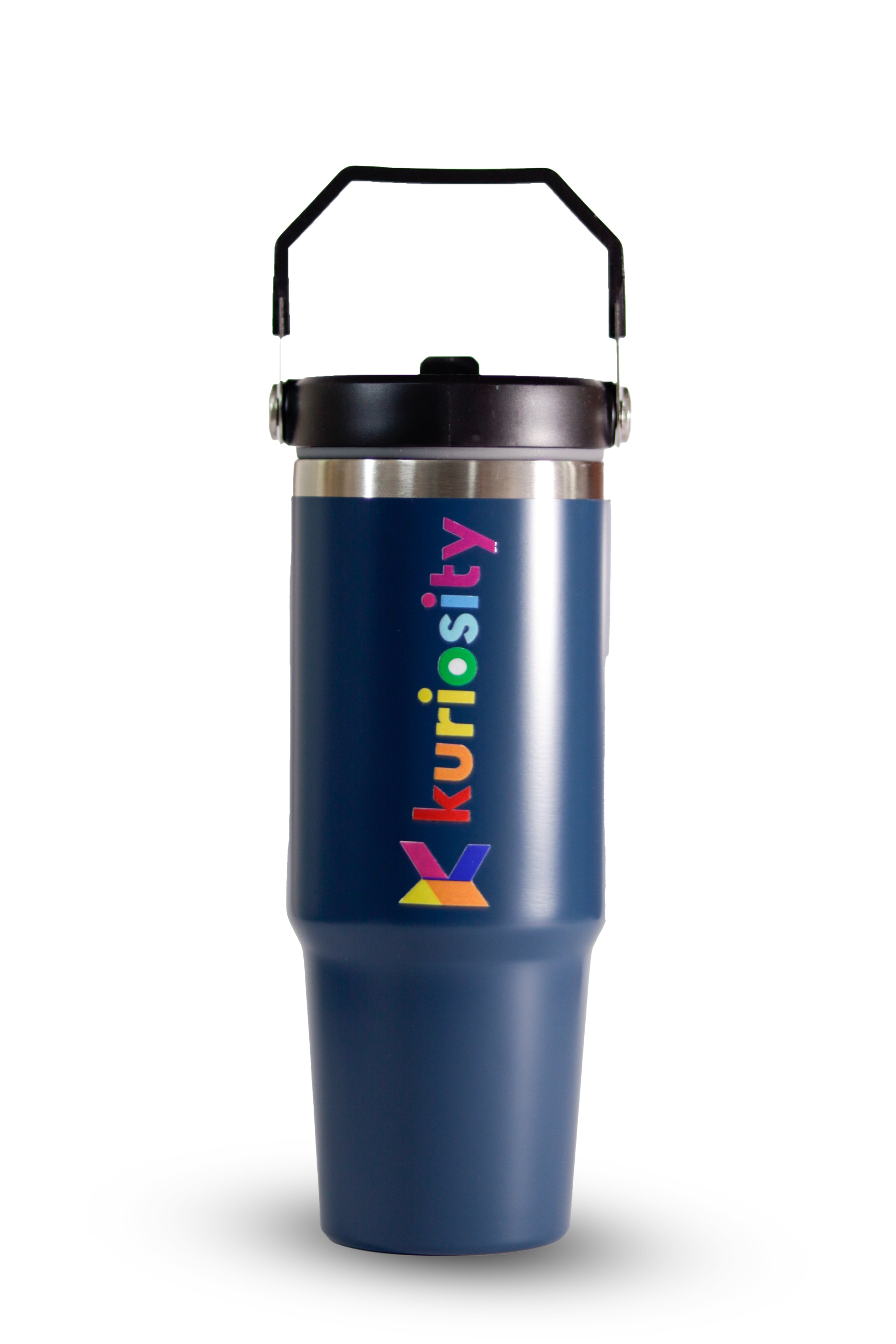 Portable blue stainless steel tumbler for travel - fits in car cup holder with spill-resistant lid
