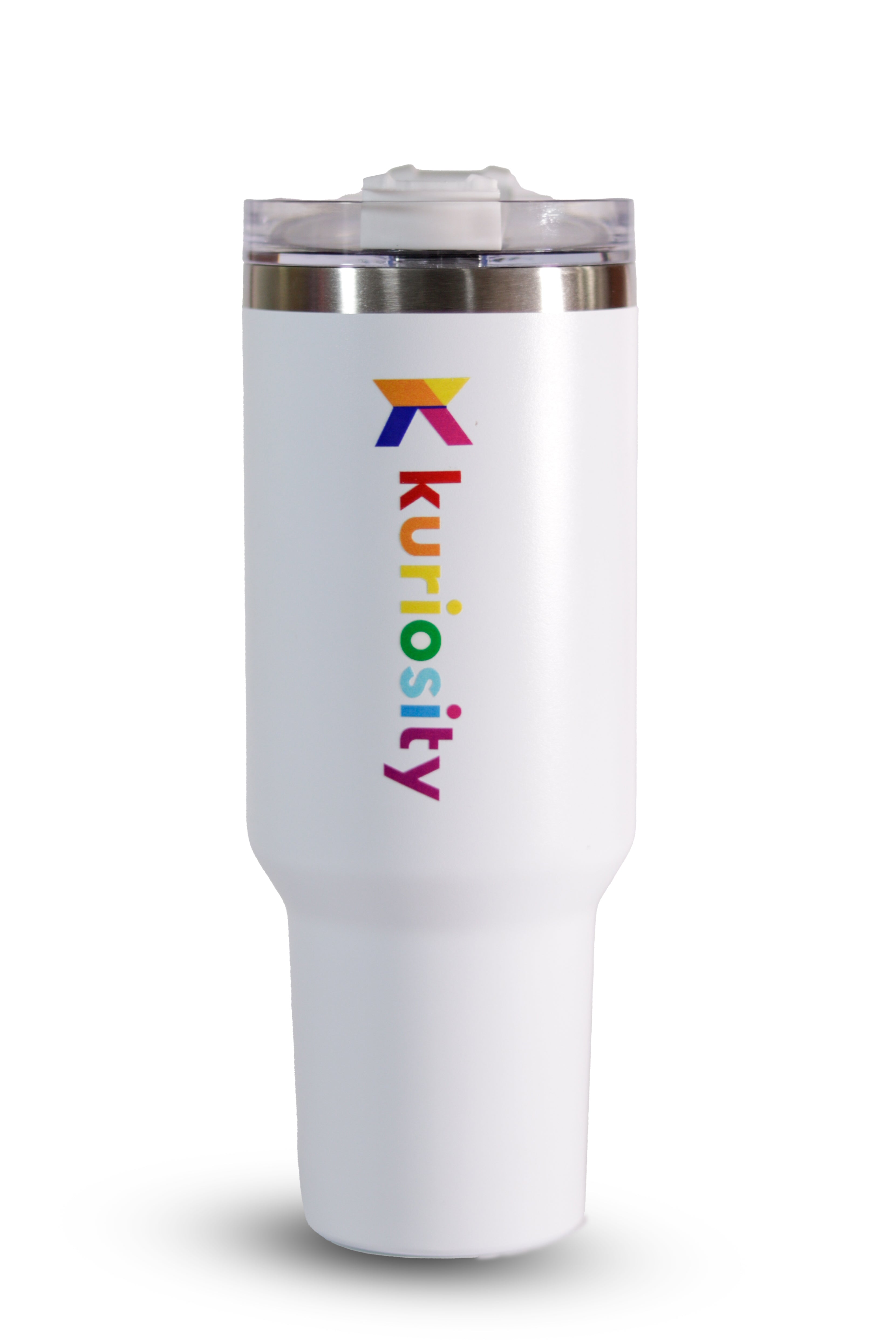 "Reusable white stanley stainless steel tumbler for coffee, tea, water, or smoothies"